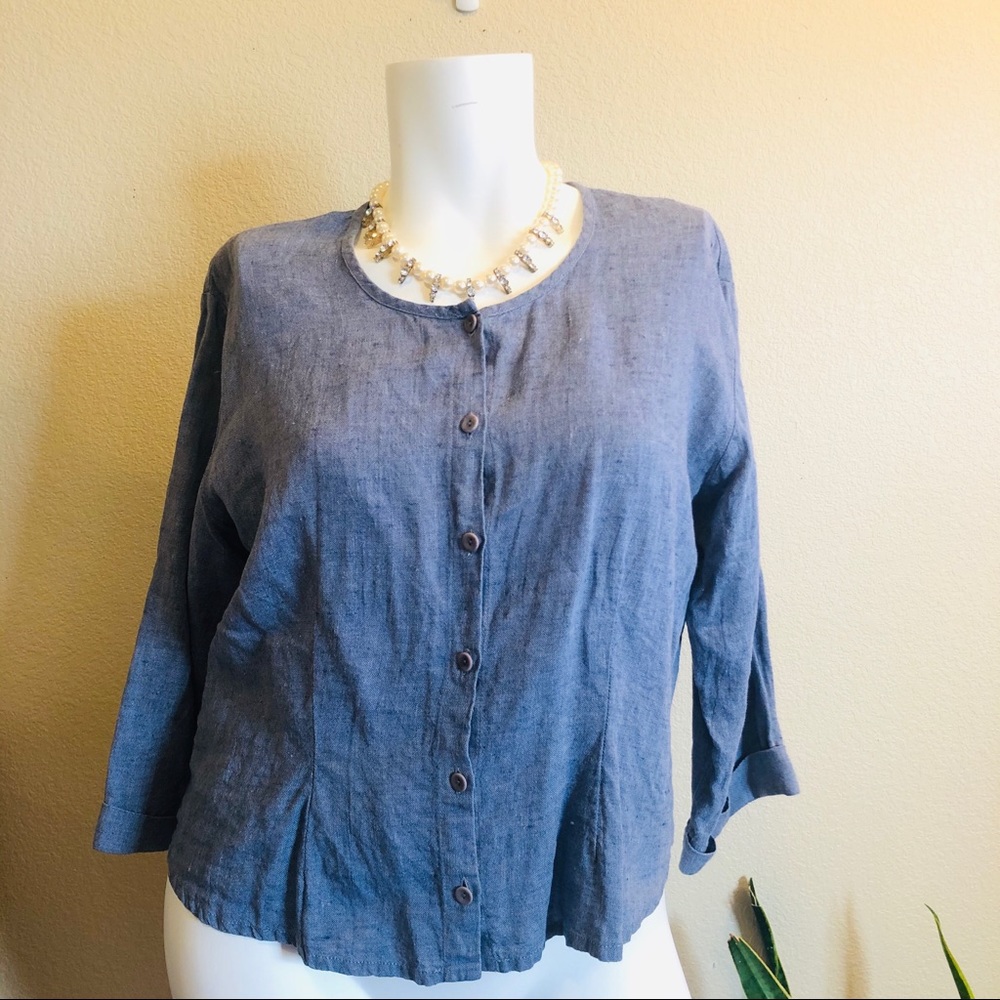 Flax || Blue Button Up Long Sleeve Top Blouse